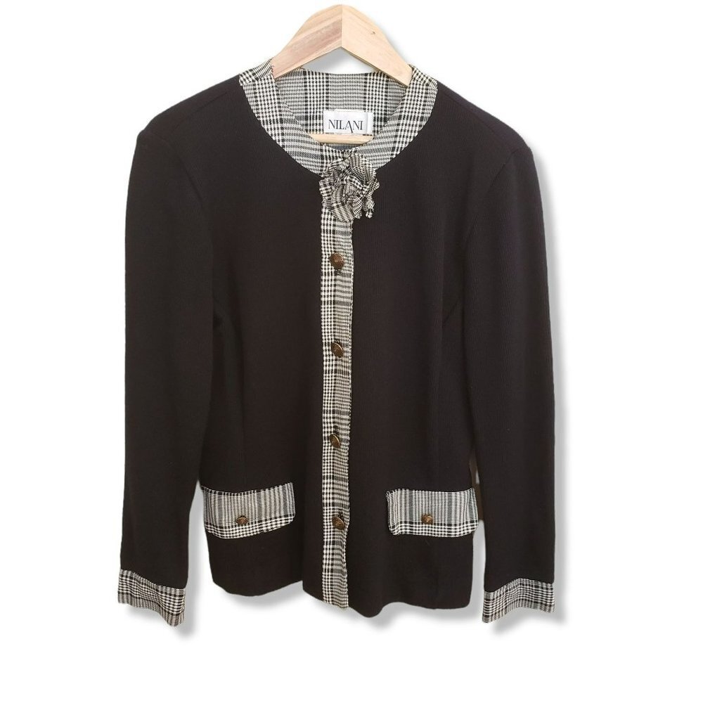 VTG Black Tartan Plaid Button Up Knit Sweater Cardigan Flower Dark Academia Med